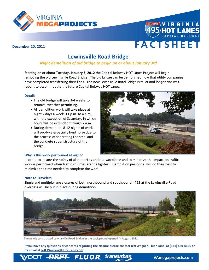 Lewinsville Road Bridge Fact Sheet